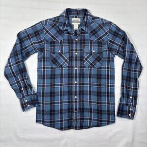 Ariat Retro Fit Blue Plaid Western Yoke Pearl-Snap Button Flannel Shirt Mens XS